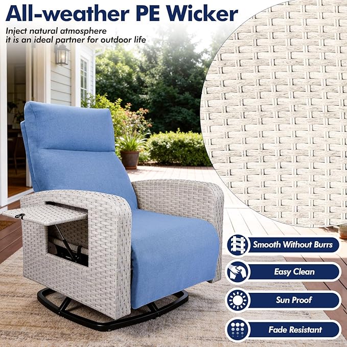 Outdoor Recliner Chair, Wicker Patio Recliners with Adjustable Backrest and Extended Foot Rest, Reclining Patio Chairs with Flip Table & Removable Cushion Cover for Porch
