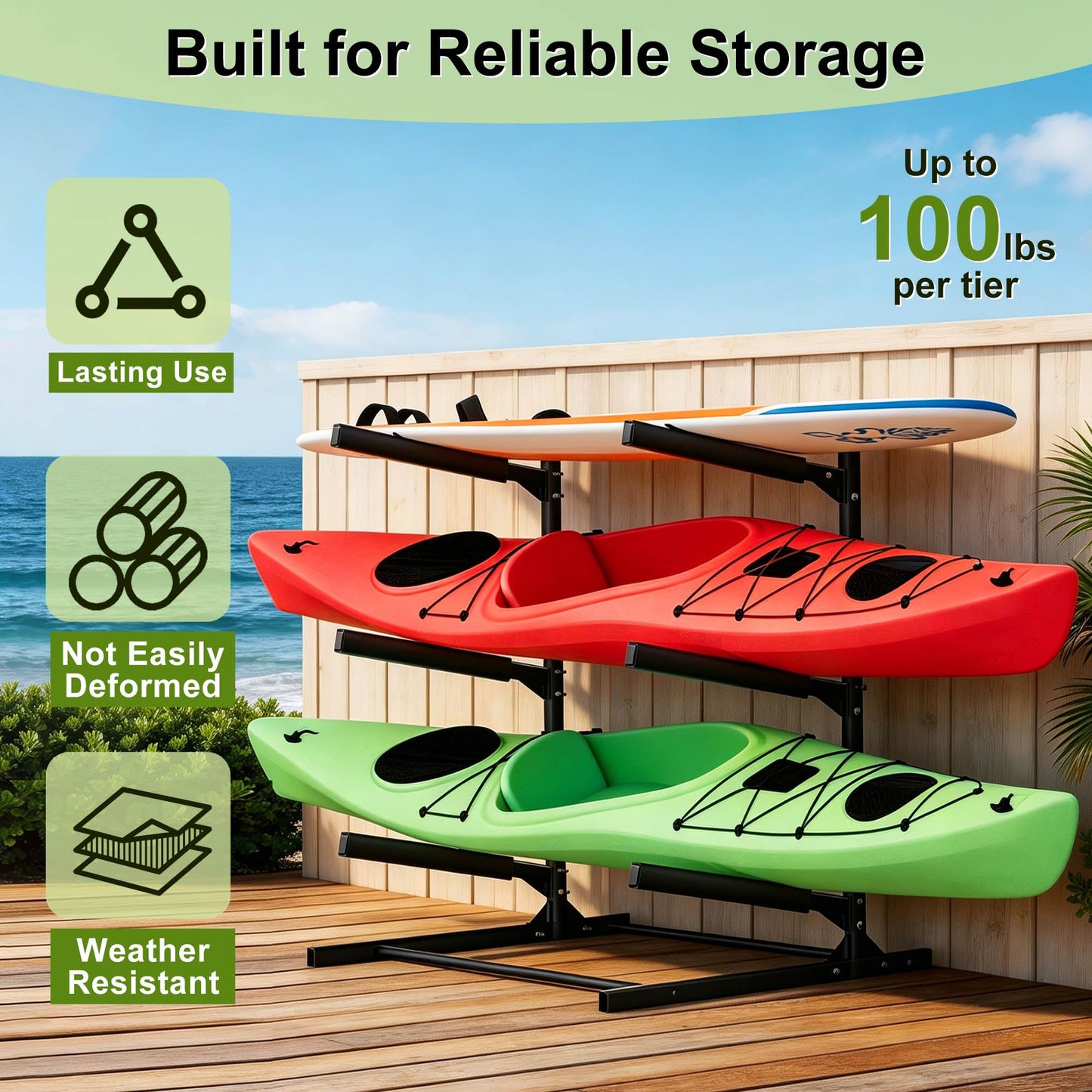 FitiRoker 3-Tier Freestanding Kayak Storage Rack, Steel Storage Stand with Adjustable Padded Arms for Kayaks, Canoes, Surfboards and Paddleboards, Indoor Outdoor Garage Organizer