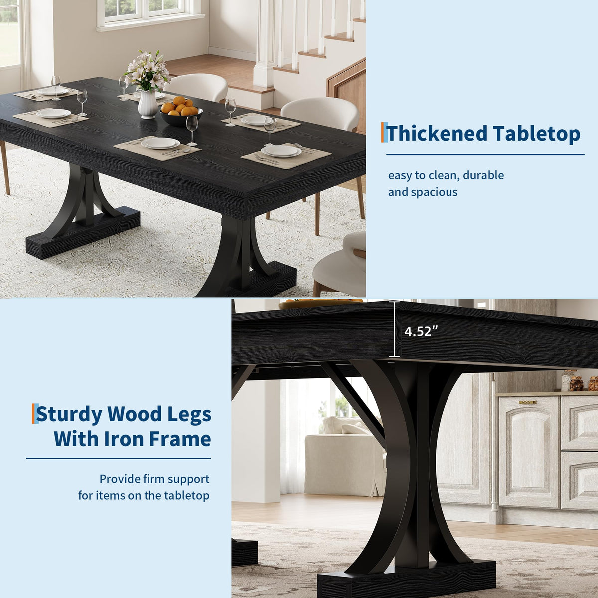 GarveeHome Dining Table for 6-8 with 2 Drawers,71-Inch Industrial Dining Table with Large Tabletop & Sturdy Frame, Rectangular Wooden Kitchen Table with Double Pedestal, for Dinner， Rustic Black