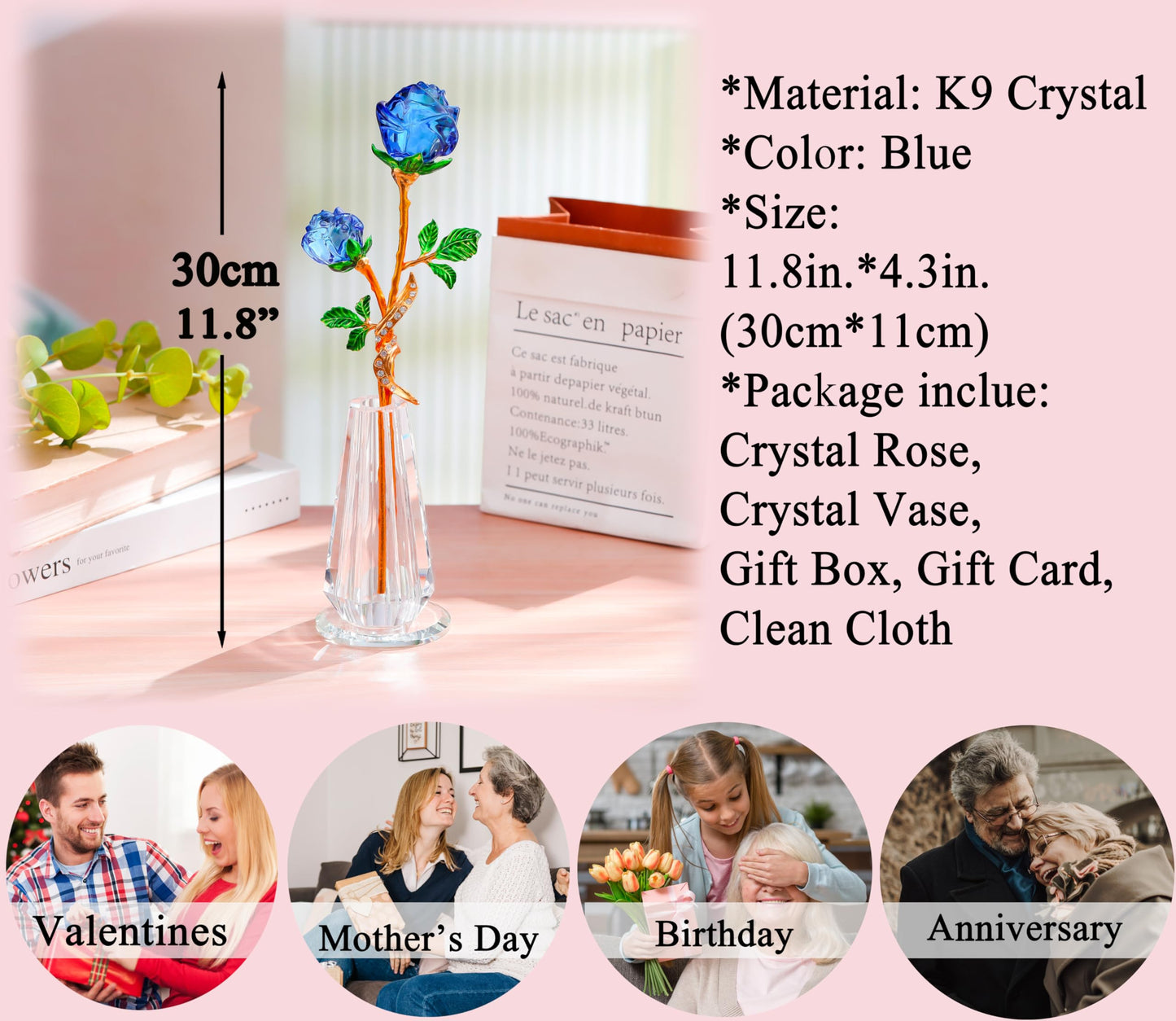 Rose Flower Crystal Figurine with Vase - Blue Bouquet Flowers Ornament Gifts for Wife Girlfriend Women - Handmade Crystal Flower Collectible Home Table Decor for Valentine Day Wedding Anniversary
