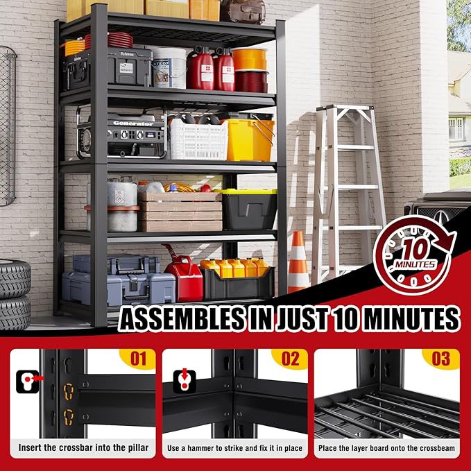 Set of 2 Garage Shelving-3000 lbs 5 Tier Storage Shelves,Adjustable Heavy Duty Metal Shelving Unit and Storage Large Wire Rack,Utility Steel Shelf for Warehouse Industrial Pantry Basement 71"x46"x18"