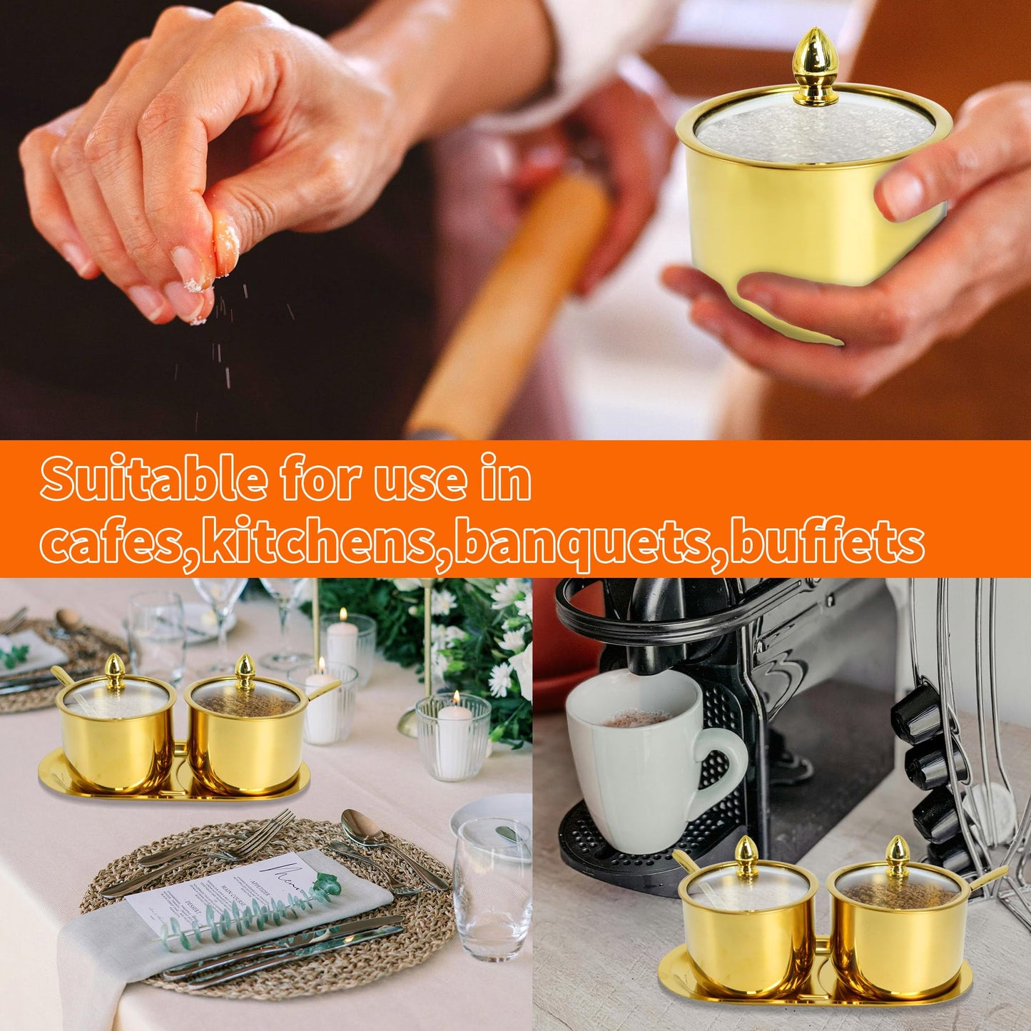 ACOSIY 2 Pack Gold Stainless Steel Sugar Bowl with Lid and Spoon, 10.5oz Small Sugar Container for Coffee Bar, Drum Shape Sugar Cube Holder, Spice Jars for Countertop, Kitchen Ghee Container (2)