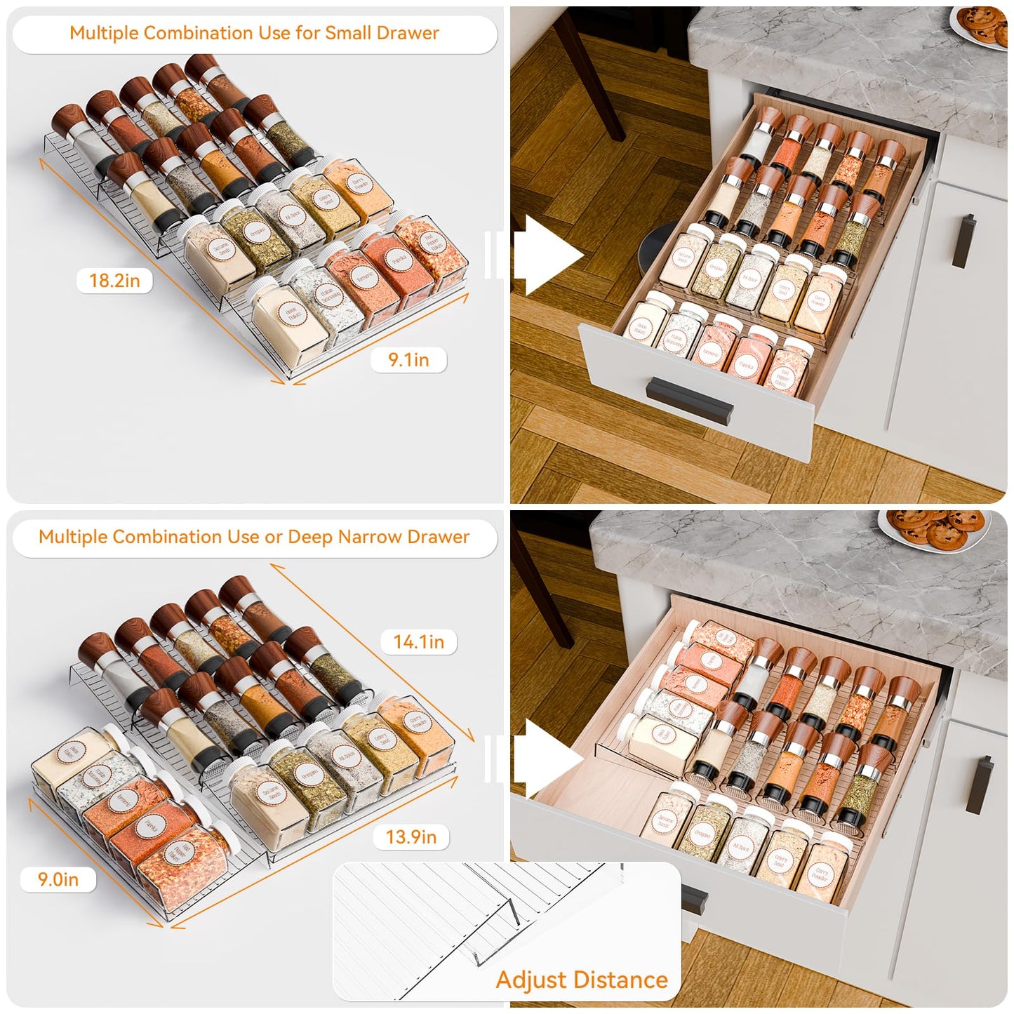 Yieach 8 Pack Adjustable Narrow Spice Rack for Drawer - Expandable From 9" to 17.7" - Acrylic Drawer Seasoning Organizer,Tiered Clear Spice Tray for Spices,Condiment,Nail Polish and Jar Organization