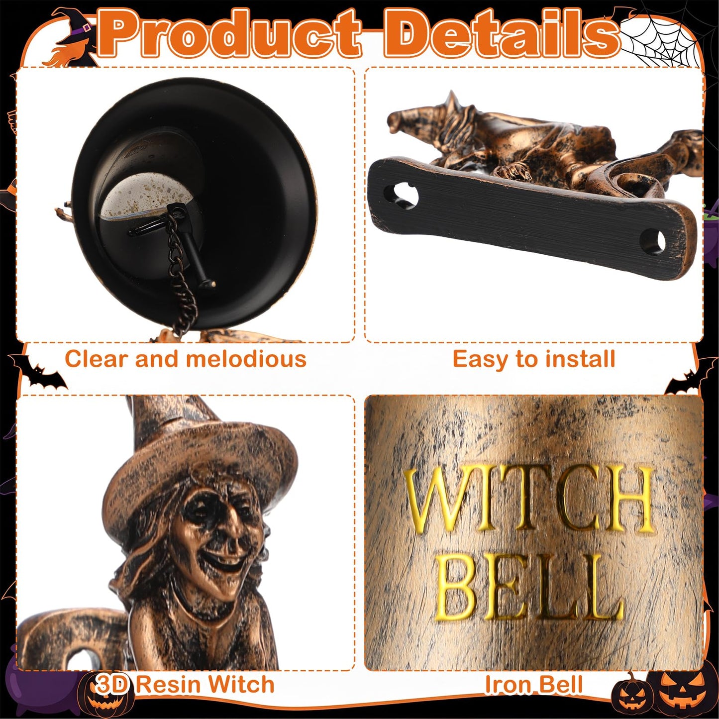 BrightRow Halloween Witch Bell Wall Mounted Cast Iron Resin Gothic Doorbells with Bat Clapper 3D Iron Witch Bells for Home Protection Witchcraft Supplies Door Bell Decoration for Porch Garde