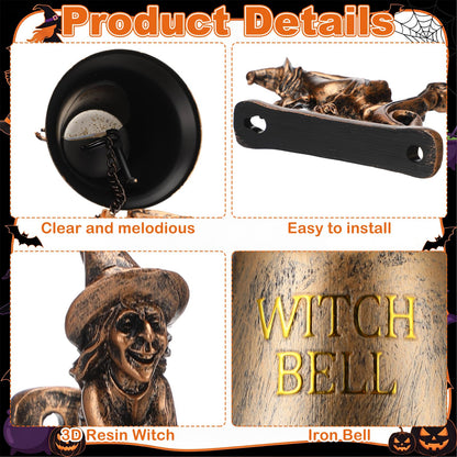 BrightRow Halloween Witch Bell Wall Mounted Cast Iron Resin Gothic Doorbells with Bat Clapper 3D Iron Witch Bells for Home Protection Witchcraft Supplies Door Bell Decoration for Porch Garde