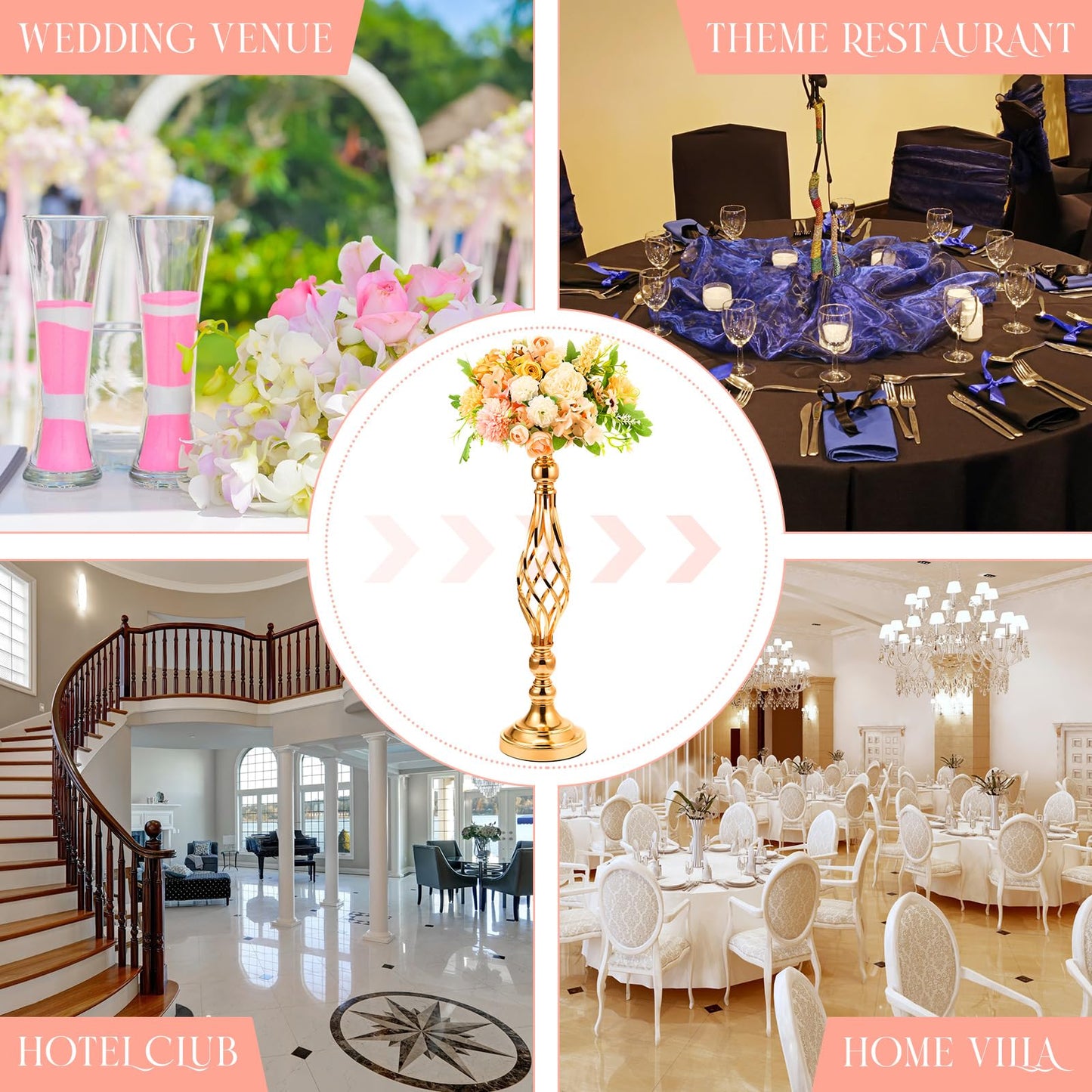 Rtteri 20 Pcs Metal Flower Arrangement Stand Wedding Flower Centerpieces Stand Elegant Metal Vase Candelabra Candle Holder for Wedding Reception Table Decor Party Hotel Home Decor (Gold,Medium)