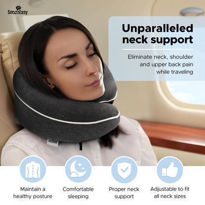 SnoozEasy™ Travel Pillow for Adults | Memory Foam 360 Degree Neck Support with Removable Pillow Case | Includes Travel Bag, Eye Mask and Ear Plugs | Dark Grey | UK Brand