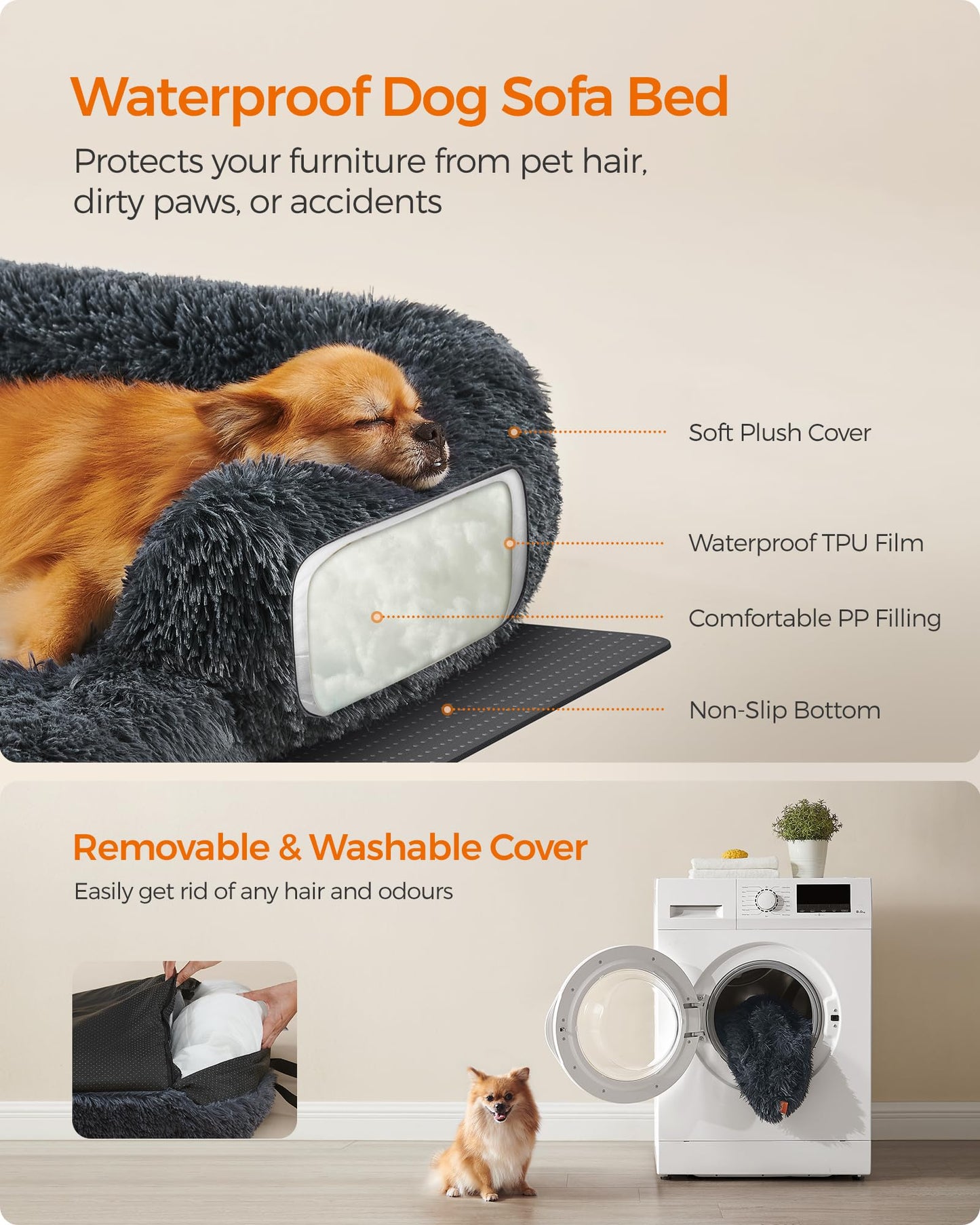 Feandrea FluffyHug Sofa Bed, Cover, Calming Bed for Small and Medium Dogs, M, 80 x 75 x 16 cm, Dark Grey PGW221G02