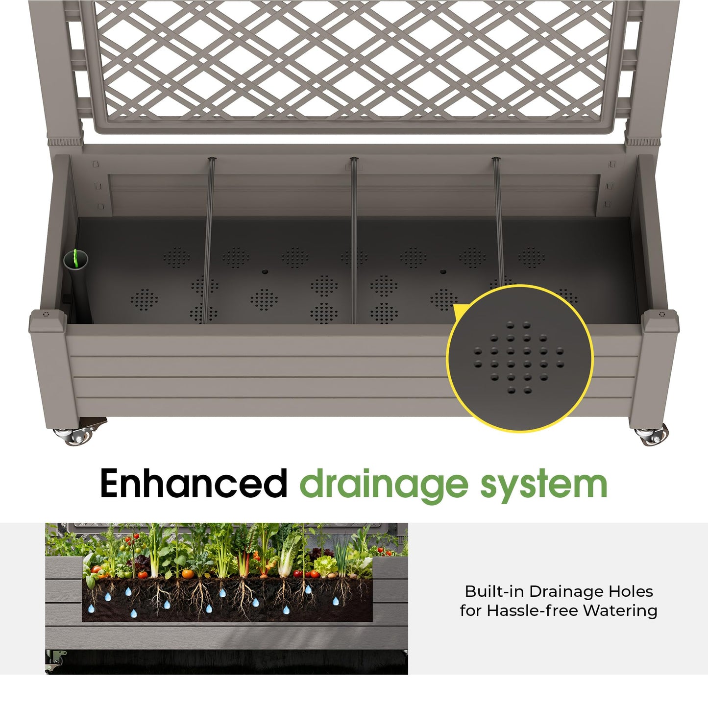 Fancyango Raised Garden Bed with Trellis and Wheels, Resin Planter Box with Trellis with Drainage Holes & Water Monitor, Privacy Planters for Patio for Climbing Plants, Gray(1 Pack)