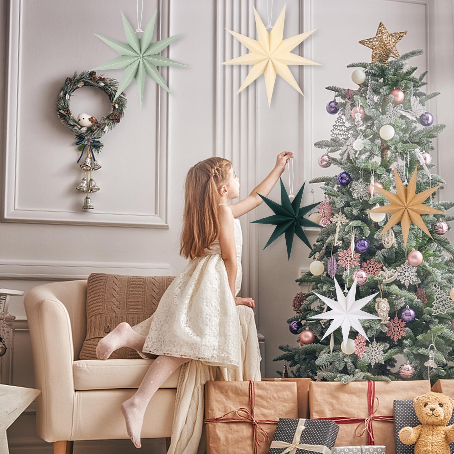 BestoFun 5 PCS 12 Inch Sage Green Paper Star Lanterns - Hanging Stars Christmas Party Decorations