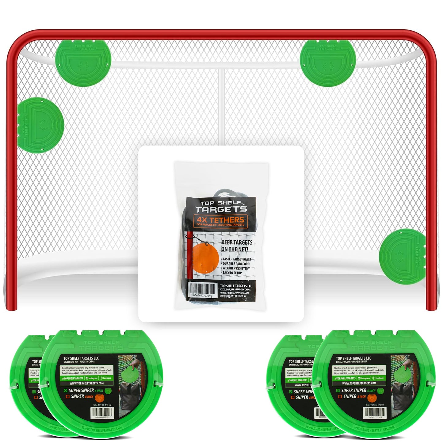 Top Shelf Targets Super Sniper 6" Magnetic Shooting Discs – 4-Pack Accuracy Trainers for Hockey & Lacrosse Nets – Includes Free Tethers – Durable Precision Markers for Practice