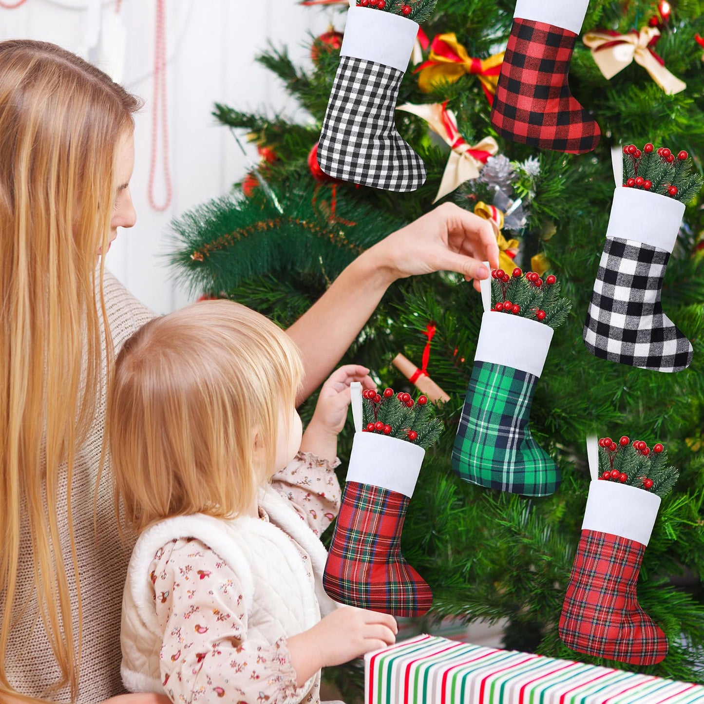 Skylety 24 Pcs Mini Christmas Stockings 8.27 Inch Small Buffalo Plaid Red Black Stockings Hanging Ornament Classic Bulk Christmas for Family Holiday Party Gift Xmas Tree Decoration