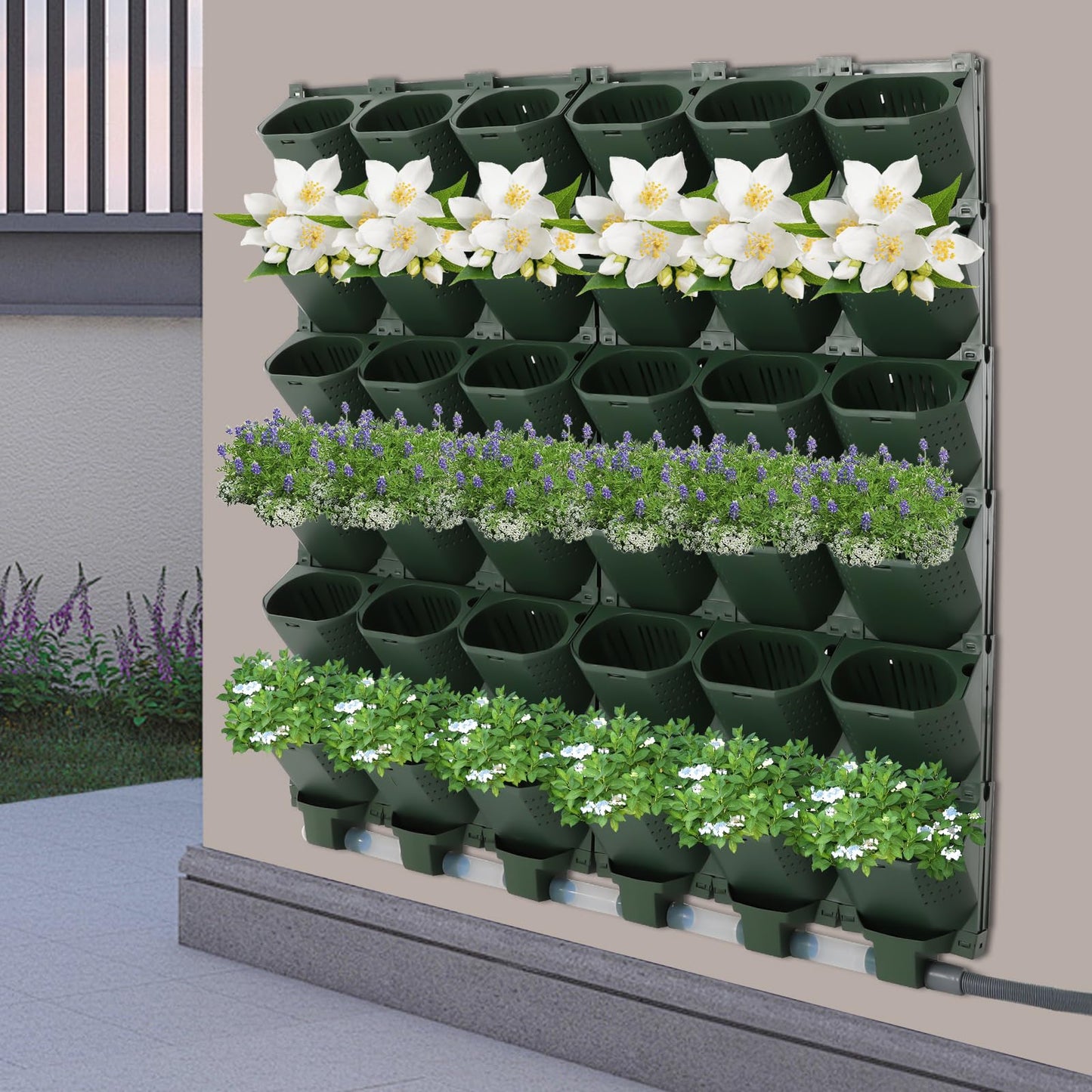 Wall Mounted Vertical Garden Planter, 6 Row 36 Plant Grow Pots, Self-Watering Vertical Planters with Timer, Indoor Outdoor Green Wall Decoration for Strawberries Flowers Herbs