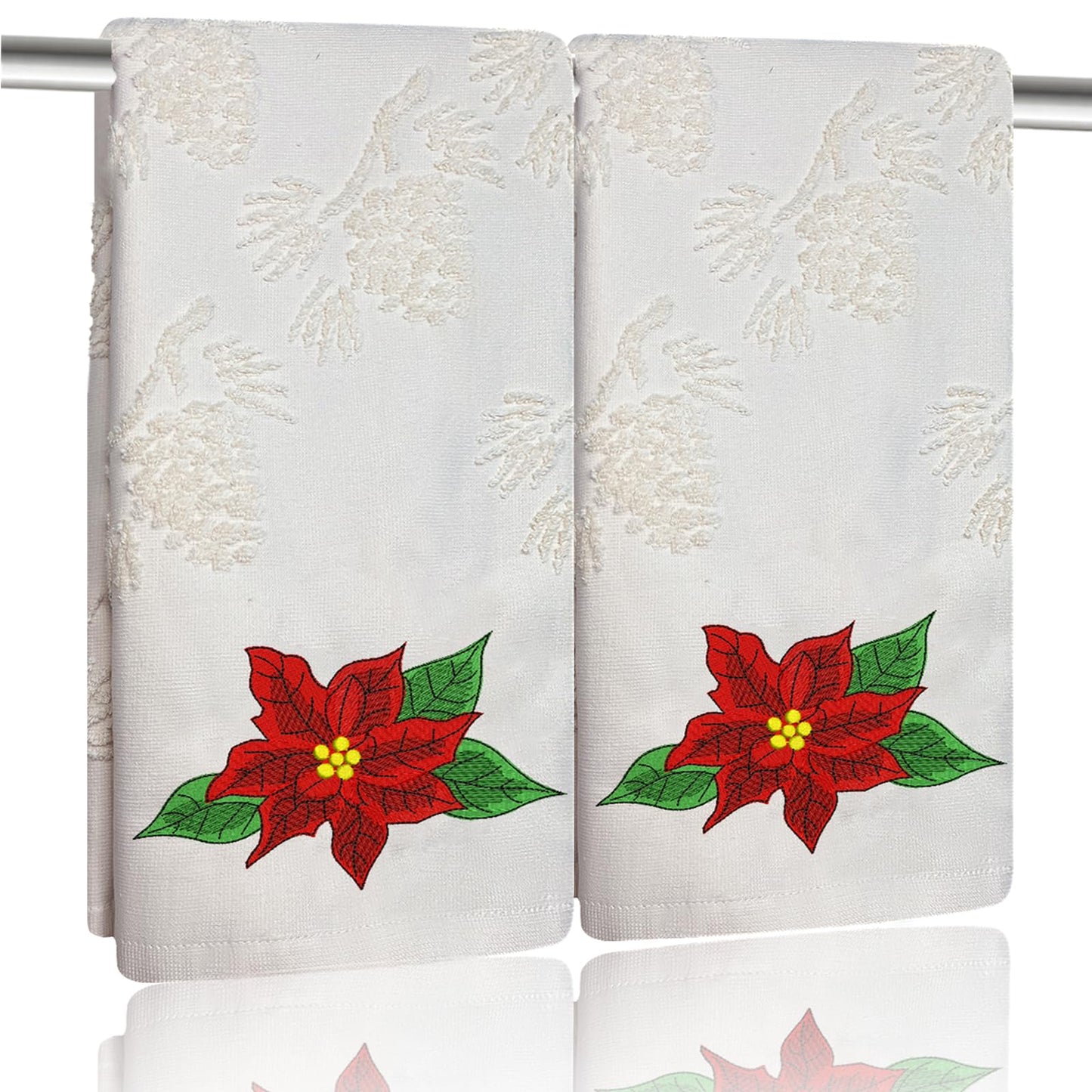 Xkdamai 2 Pack Christmas Hand Towels 100% Cotton Jacquard Pine Cone Embroidered Poinsettia Holiday Kitchen Dish Towels Retro Neutral Beige Bathroom Towels Set Gift Seasonal Xmas Winter Bathroom Decor