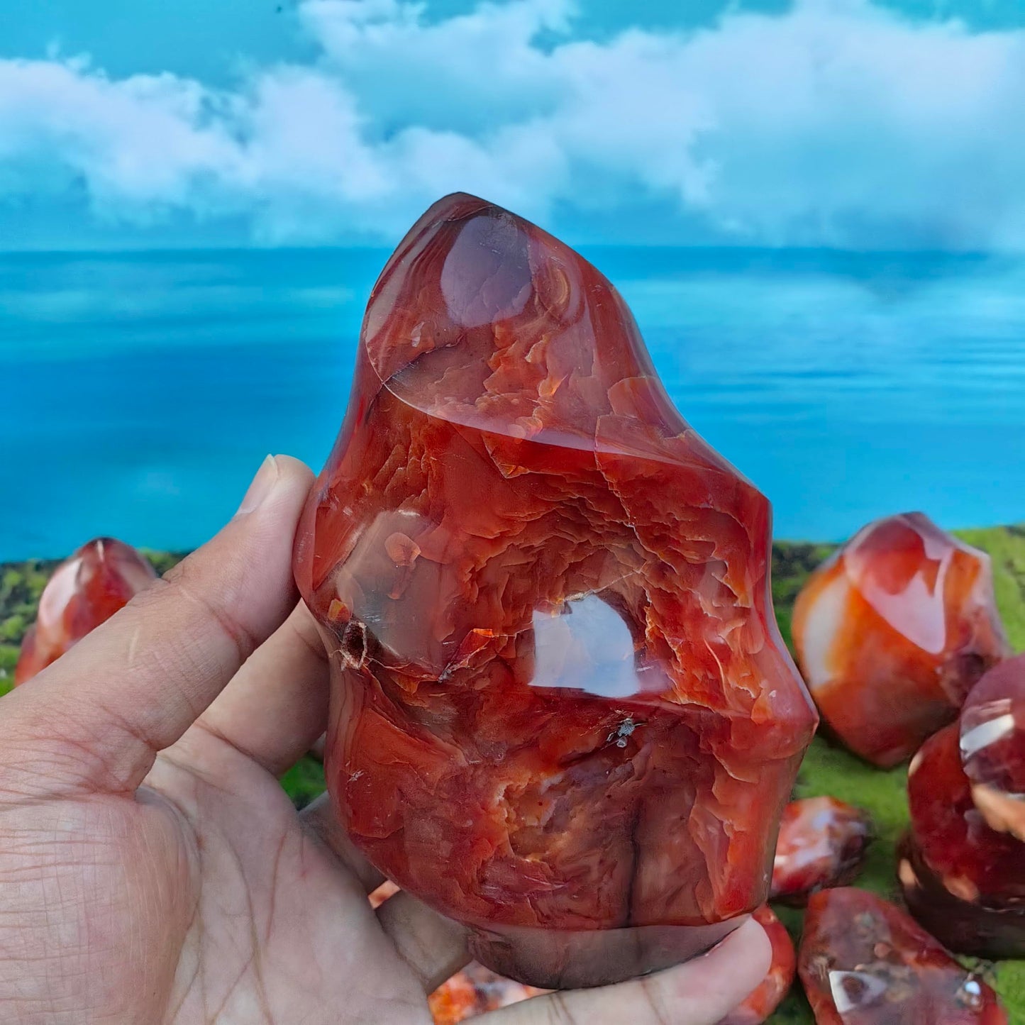 Natural Carnelian Flame Carving Crystal Red Agate Tower Point Reiki Mineral Office Home Decor Gift Healing (400g-500g)