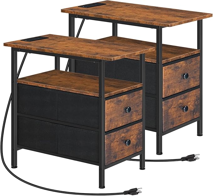 HOOBRO End Table with Charging Station, Nightstand with 2 Non-Woven Drawers