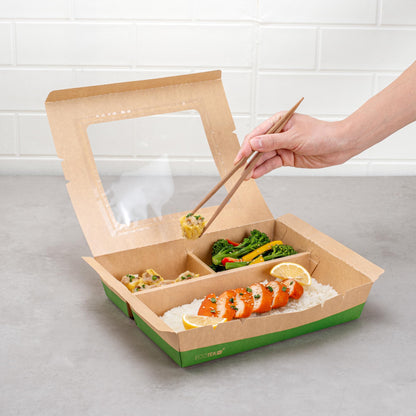 Restaurantware Paper Bento Box 100 Count 78 Ounces Paper Lunch Container Kraft Food Box, Greaseproof Disposable Three Compartment Meal Prep Box with Transparent PLA window