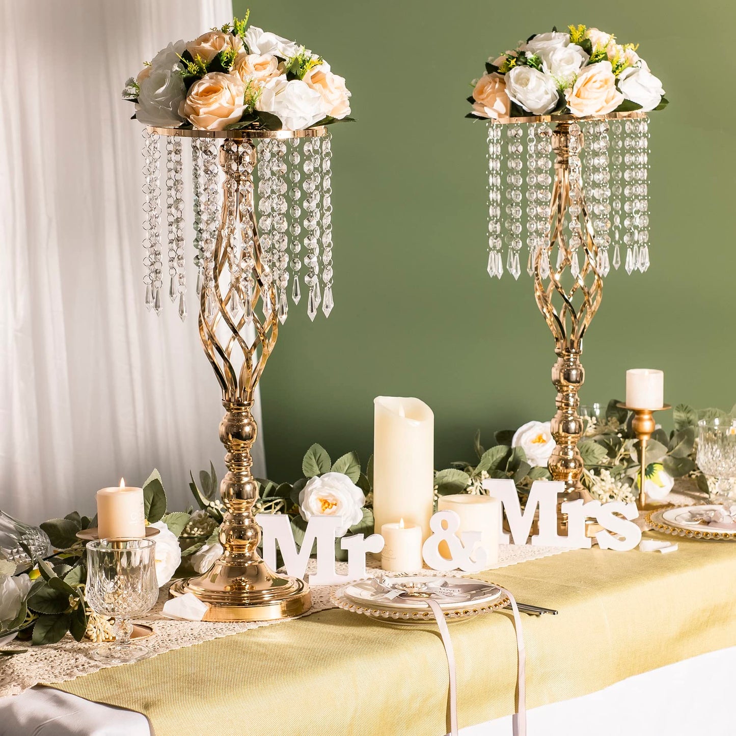 LANLONG 2pcs Gold Metal Flower Vases Crystal Flower Stand Wedding Centerpieces for Tables Party Dinner Event Restaurant Hotel Decoration
