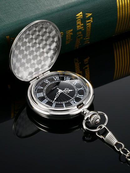 Quartz Pocket Watch for Men with Black Dial and Chain (Silver)