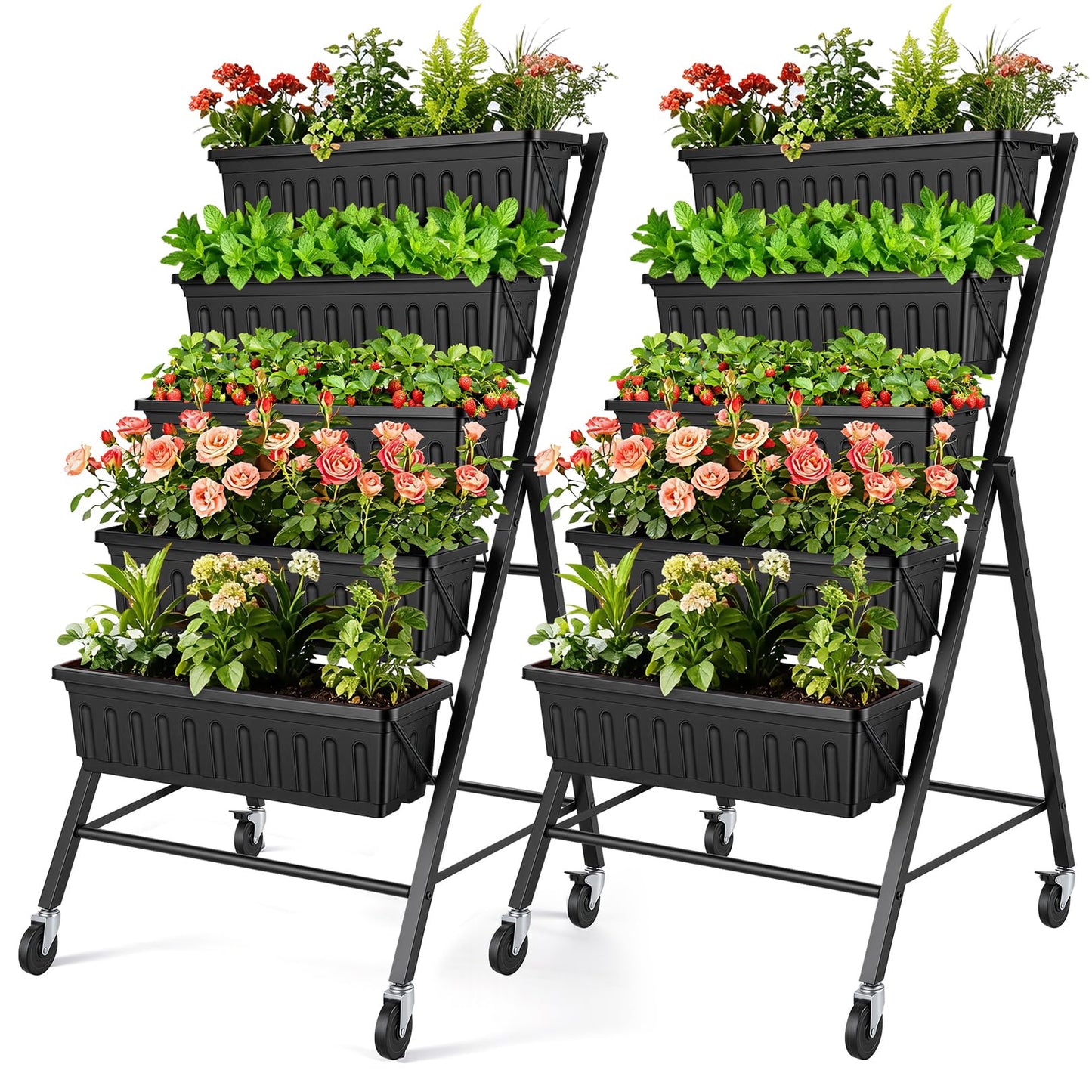 SEJOV 2 Pack Vertical Raised Garden Bed, 5-Tier Vertical Garden Planter with Drainage System, Larger Elevated Planter Box for Herbs Vegetables Flowers Indoor Outdoor (Black with Lockable Wheels