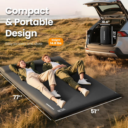 INNERWILD Double Camping Sleeping Pad with Electric Pump, 3.15" Thick 2 Person Self Inflating Memory Foam Mattress Pad with Pillow, Portable Sleeping Mat for Travel, Car, Tent, Home - Grey, Full Size