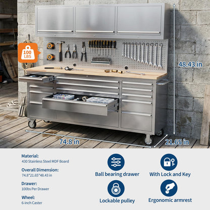GarveeTech 72-Inch Heavy-Duty Rolling Tool Chest & Mobile Workbench, 15 Drawers & 3 Top Cabinets, Rubber Wood Tabletop, Key Locking System, Drawer Liners, Wheels, Steel Storage Cabinet for Garage