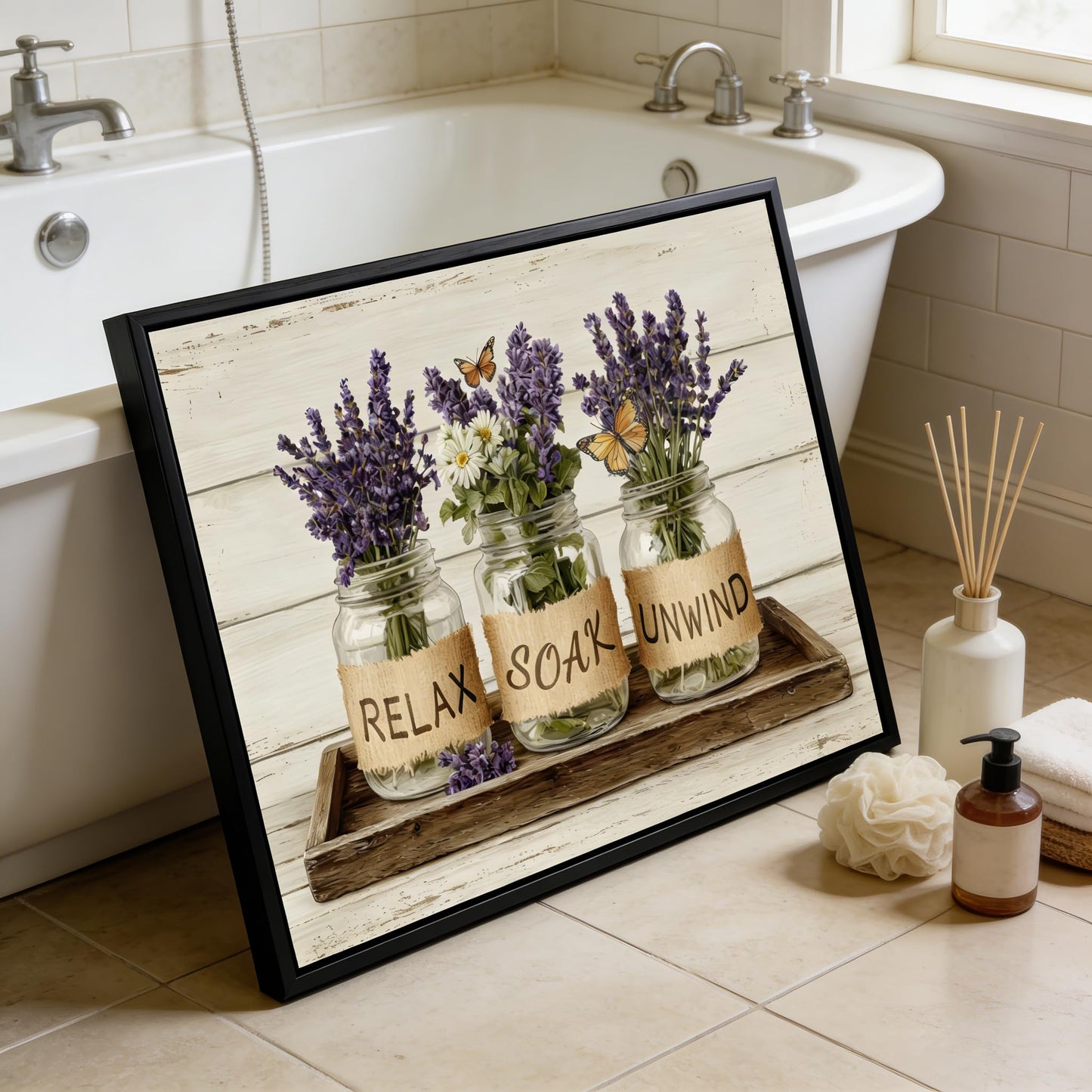 Black Framed Farmhouse Bathroom Wall Art Rustic Lavender Flower Wall Decor Relax Soak Unwind Bathroom Posters Prints for Spa Bathroom 8x10 Inch