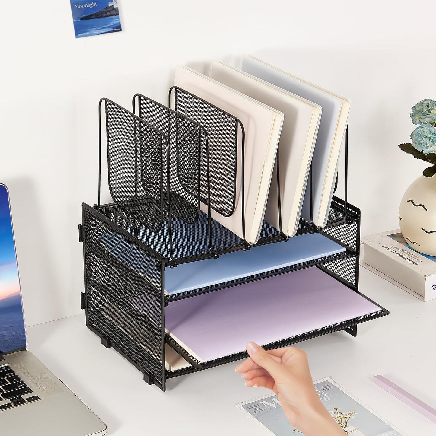 LEKETREE Desk Organizers and Accessories, 3-Tier Paper Organizer with 5 Vertical File Holders, File Folder Organizer (Black, 3T)