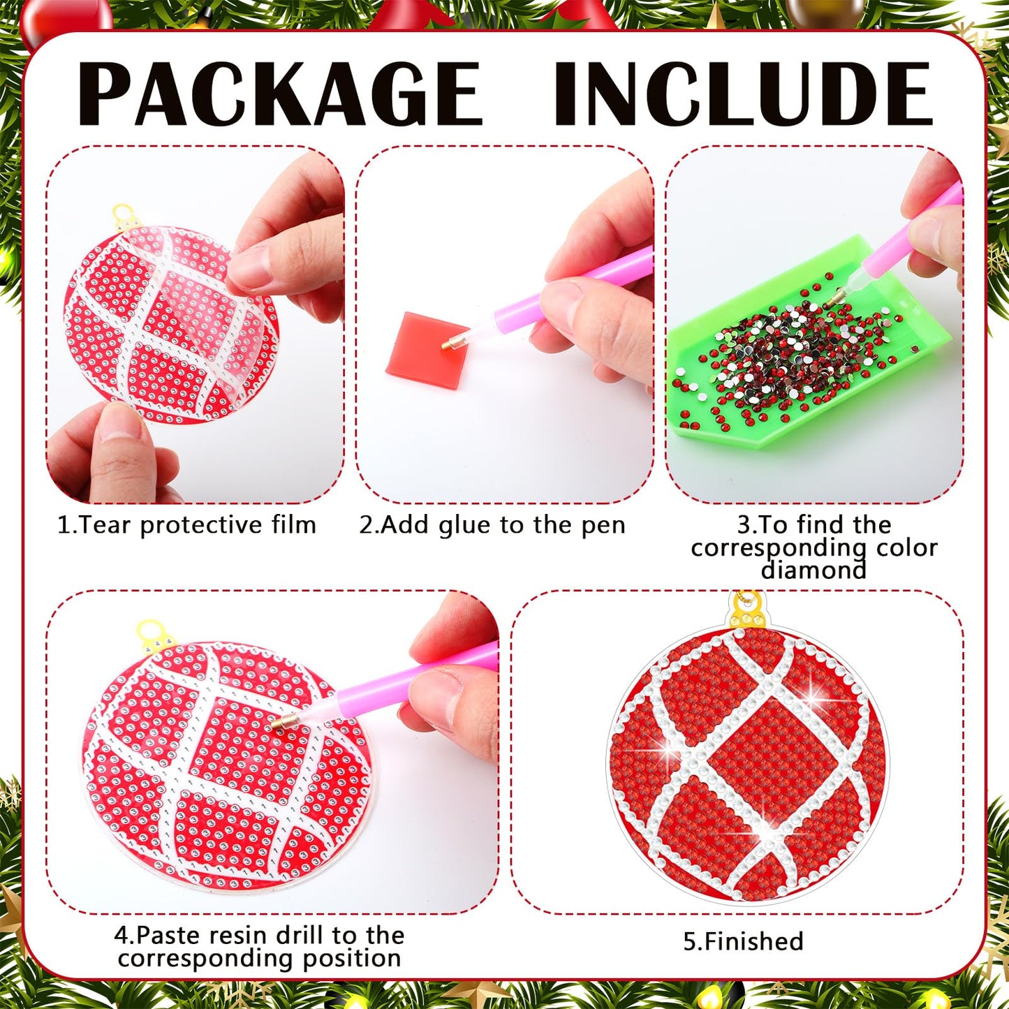 Realspring 20 Pieces Christmas Ball Diamond Art Ornaments Lime Green and Red Diamond Painting Tree Decorations 5D Hanging Xmas Diamonds Art DIY Christmas Kits for Adults Crafts Party Favors