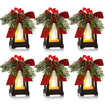 Set of 6 Christmas Mini Decorative Lanterns with Flickering LED Flameless Candle Hanging Lantern Decoration Bulk with Buffalo Plaid Bow Battery Included for Xmas Party (Red Plaid Bow)
