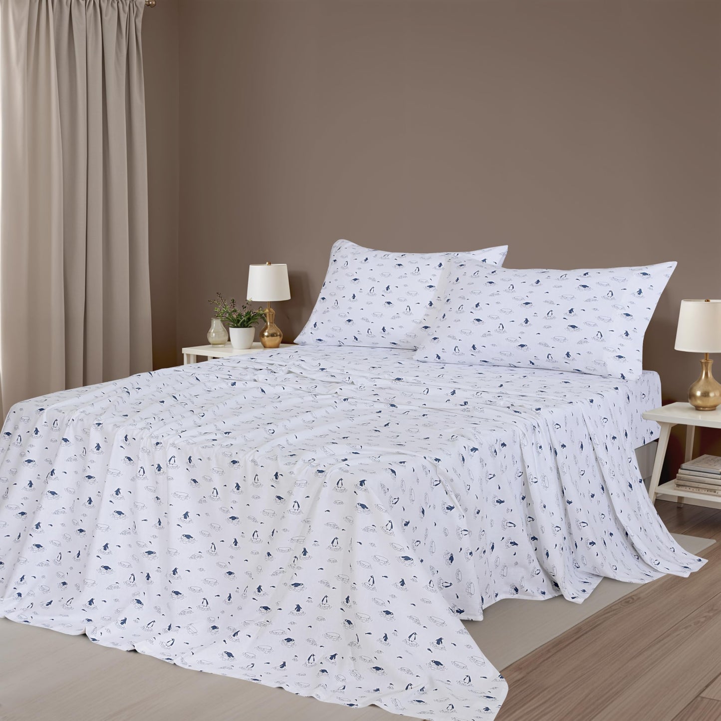 ZOYER Flannel Sheets King Size - 100% Cotton Double Brushed King Size Sheets Set - Deep Pockets 16 Inches Bed Sheets - All Seasons Breathable & Extra Soft - Warm & Cozy, 4 Piece, Peguin Edge