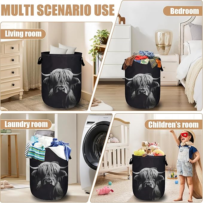Highland Cow Laundry Basket, Foldable Waterproof Black Laundry Hamper Tote Bag