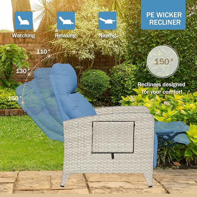 Outdoor Recliner Chairs Set of 2, Reclining Patio Chairs with Adjustable Back up to 150°Lay Flat and Extended Footrest, Wicker Recliner Chairs with Flip Table and Removable Olefin Cushion