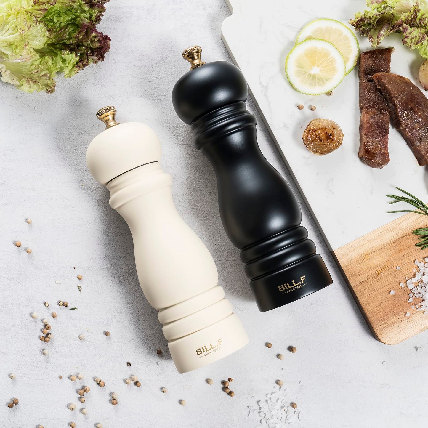 Bill.F Salt and Pepper Grinder Set, Wood Pepper Mill Set of 2 Manual Salt Pepper Shakers Grinder Refillable 7 Inch with Adjustable Ceramic Grinding Rotor（Black and Beige）