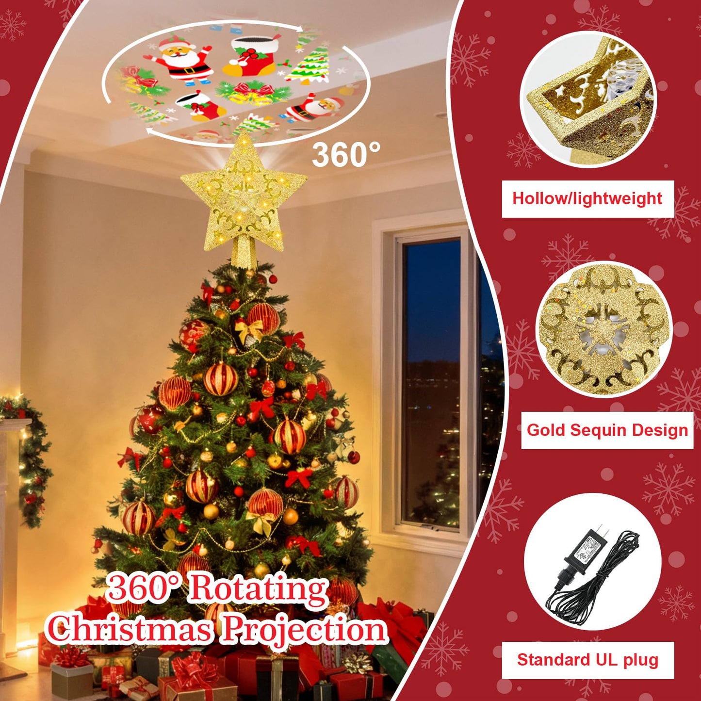 Christmas Tree Topper with Built-in 360° LED Rotating Projector, 3D Hollow Sparkling Gold Star, 3m Plug in Christmas Tree Top Decorations, Indoor Office Party Holiday Home Xmas Treetop Cool Ornament