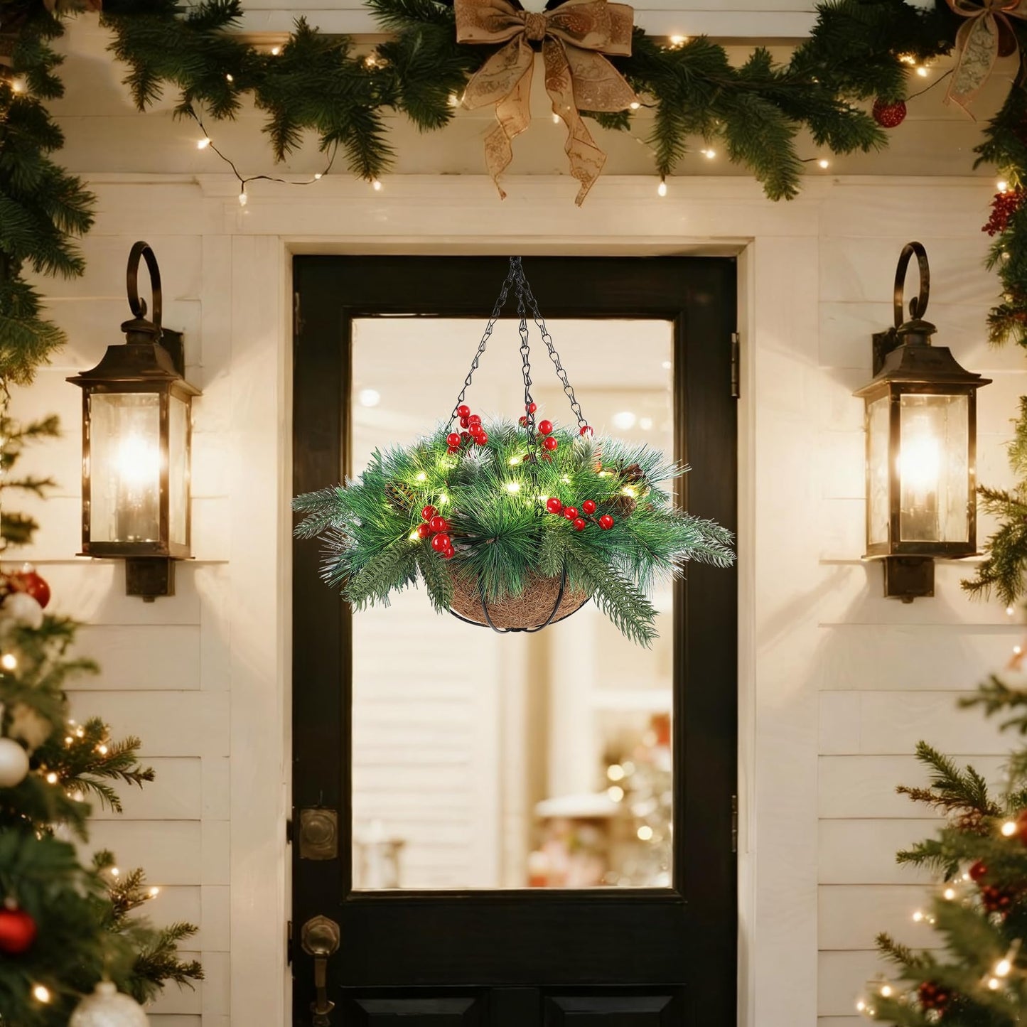 winemana Pre-Lit Artificial Christmas Hanging Basket Outdoor Decoration with Pine Cones & Red Berry Clusters, Battery Powered with Timer Lighted Branches Faux Plants for Outside Porch Front Door
