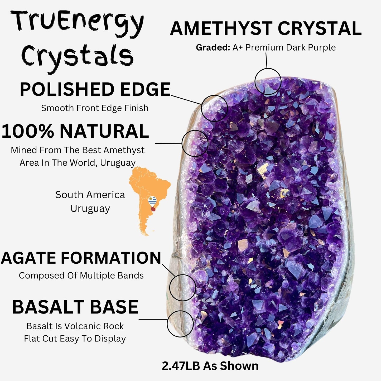 TRUENERGY Polished Amethyst Cluster Quartz Crystal – 3.0 To 3.5 lbs Grade A+ Raw Dark Purple Geode Stone With Rounded Edge – Home Decoration, Meditation Healing, and Positive Energy (3-3.5 lbs)