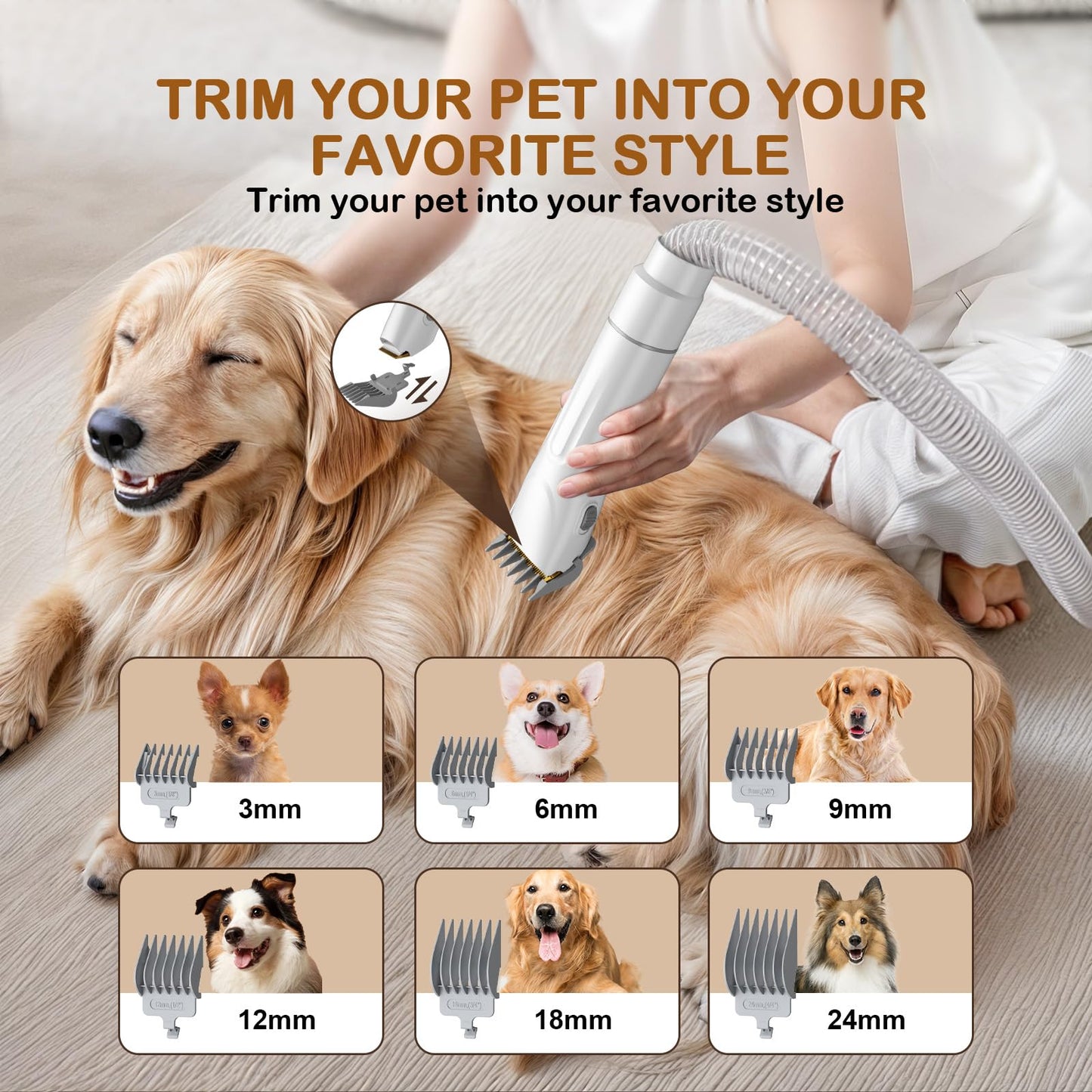 Ozumek Dog Grooming Vacuum, Dog Grooming Kit with Pet Clipper Nail Grinder, 3 Suction Modes Dog Brush Vacuum with 6 Pet Grooming Tools (Cream)