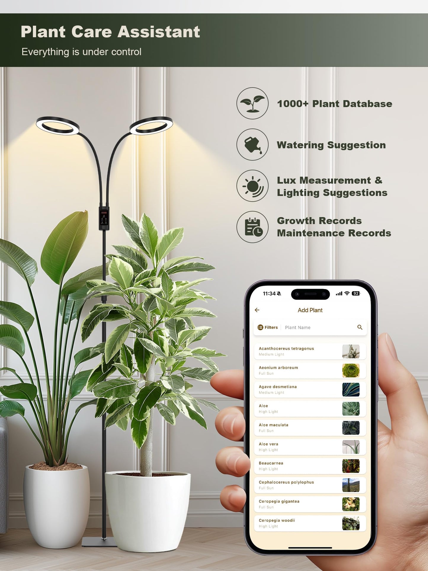 GLOWRIUM Smart Grow Lights for Indoor Plants, 48W Full Spectrum Plant Lights with Bluetooth App, Adjustable Height 47-70.9", Auto Timer, Indoor Plant Lamp for Large Tall Plants（Black 48W）