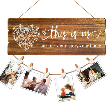 Buecasa Housewarming Gifts New Home Sign Decor - Rustic Wall Hanging Picture Frame with 6 Heart Clips -This Is Us Wall Decor 15.8x6.0 Inches