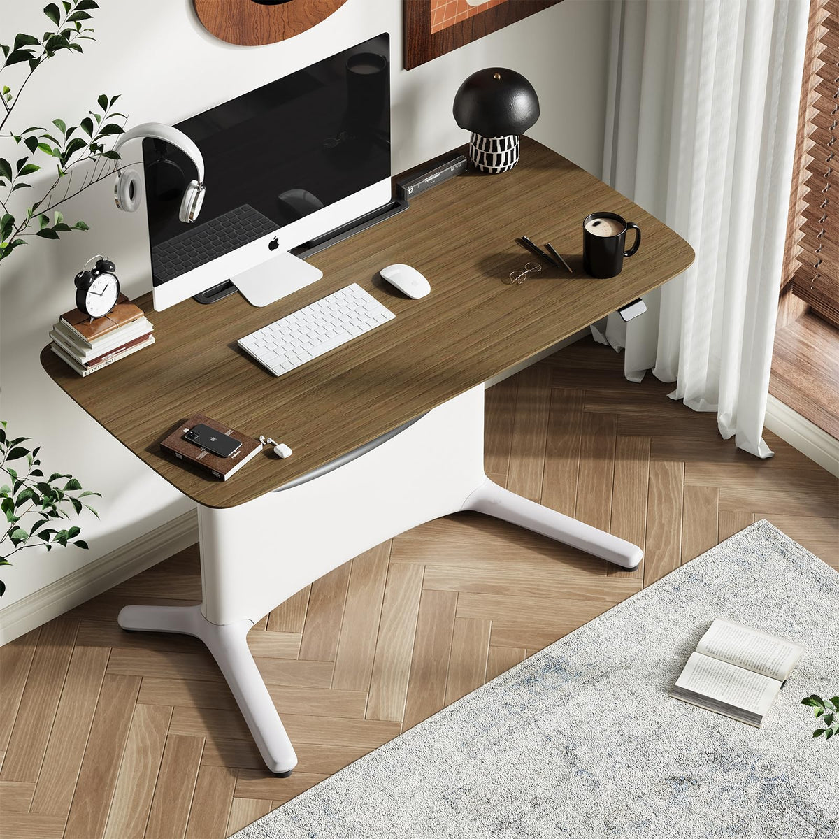 COLAMY Electric Adjustable Standing Desk – 48 x 28 Inch Sit Stand Desk with Drawer & Cable Management, Dual Motor Lift System, Ergonomic Footrest, Home Office Table (Veneer Desktop, Walnut + White)