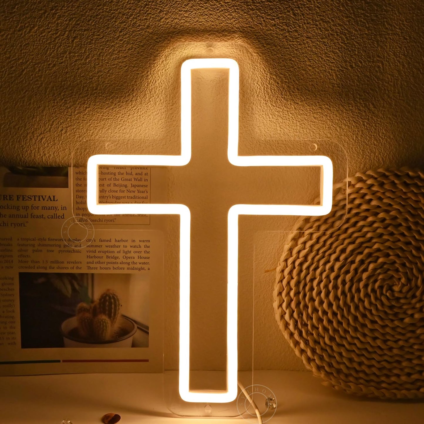 SYLHOME Cross Led Neon Light Sign Kids Bedroom Nursery Wall Sign Decor Christening Baby Shower Wedding Birthday Party Backdrop 11.8" X 8.66" USB
