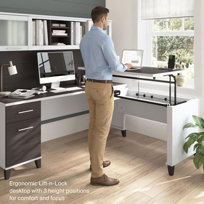 Bush Home 72-Inch L-Shaped Sit to Stand Desk with Hutch, Adjustable Height Standing Corner Computer Desk with Drawers, Shelves, Storage Cabinet, Home Office, Somerset Collection, Storm Gray and White