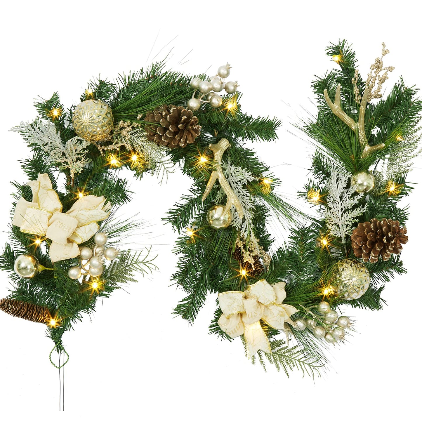 Adeeing 6 FT Christmas Garland with Lights, Pre-lit Outdoor Garland with Battery Operated 20 LED Lights, Holiday Garland with Stars, Flower, Berry Branches(Gold)