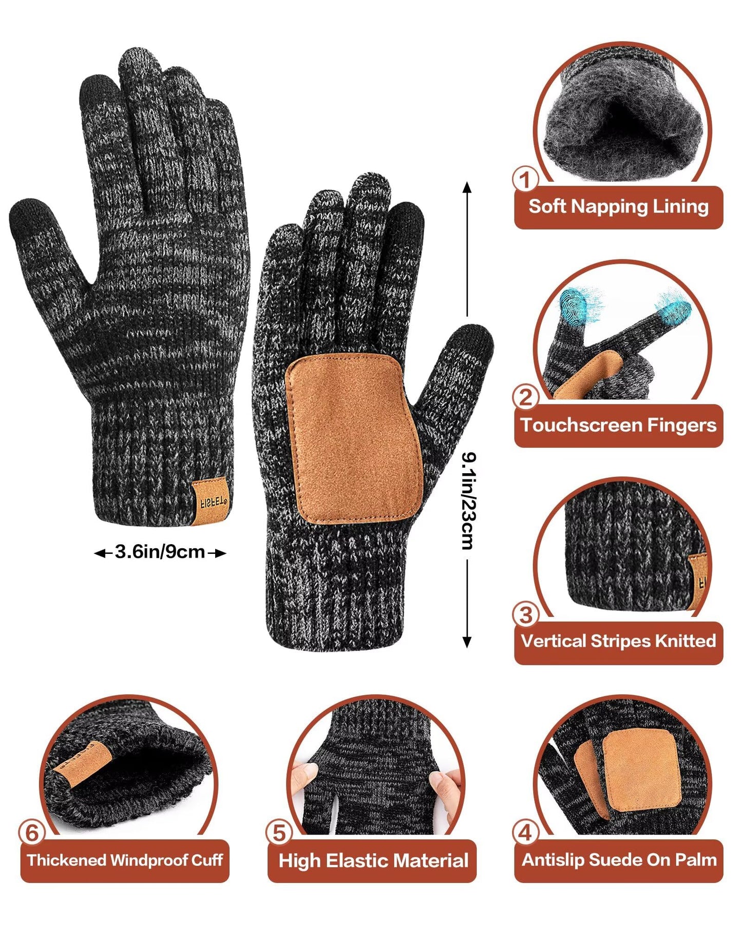 Winter Hat Gloves Scarf Set for Men Women, Mens Beanie with Fleece Lined Long Thick Scarf Touchscreen Gloves for Cold Weather, 3 in 1 Warm Gift Set(A-01)