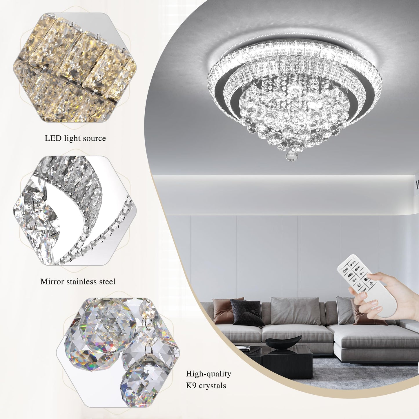 COCOSTAR 24" Crystal Chandeliers, Flush Mount Chandelier LED Ceiling Light, Modern Crystal Raindrop Chandeliers for Dining Room, Living Room, Bedroom