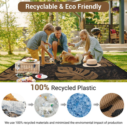 GarveeHome Outdoor Patio Rug 9x18 Waterproof Reversible Mat Leaves Camping Rugs Indoor Outdoor Rugs Carpet Large Area Rug Plastic Straw Rug for Patio Deck Balcony Pool RV Camping, Black and Brown