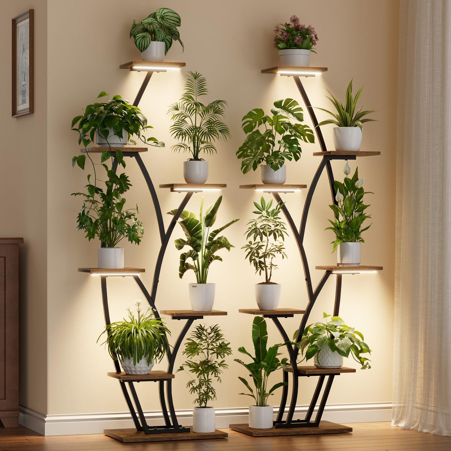 Plant Stand Indoor with Grow Lights - Lighted Indoor Plant Shelf Tall, 61" 7 Tier Large Plant Stands for Indoor Growing, 2 Pack Corner Flower Shelves, Half-Moon Metal Holder for Home Living Room Black