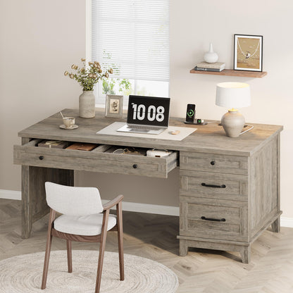 GAOMON 54.5in Wooden Executive Desk with Drawers, Office Desk Computer Table with Charging Station, Farmhouse Home Office Desk with File Cabinet Storage, for Study and Home Office, Rustic Gray