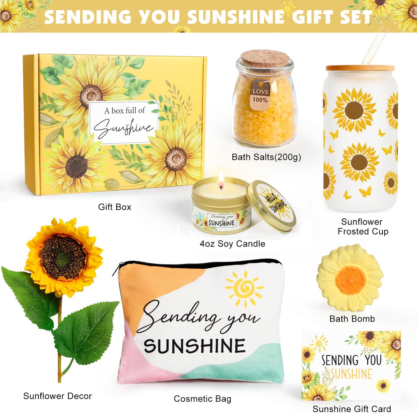 Birthday Gifts for Women Sunflower Gifts Get Well Soon, Sending Sunshine Gift Baskets, Self Care Spa Gift for Women Her Mom Best Friends Sister, Thank You Christmas Day w/Glass Cup